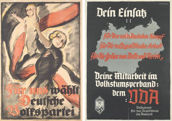 Two propaganda posters by Ortmann, 1920 (left) and +/- 1933 (right)