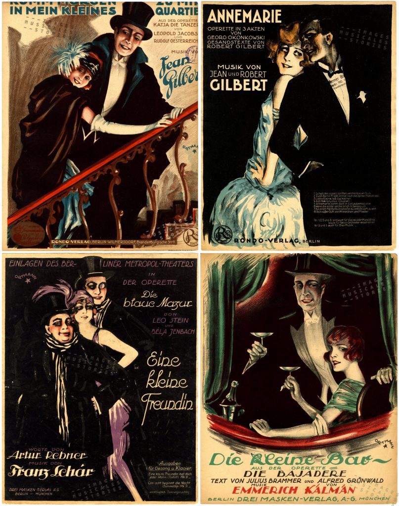 A selection of sheet music covers illustrated by W. Ortmann from the Twenties
