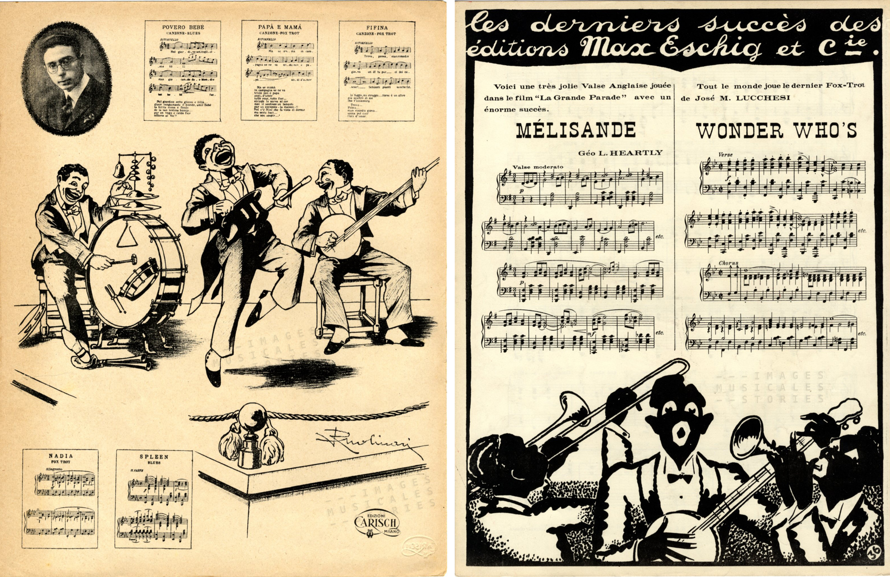 Also the Italian publisher Carisch & C. and the French Max Eschig used to promote their offer of sheet music on the back cover. On the left a lively jazzband drawn by Ruolinari (s.d.), on the right another jazzband with stereotyped black musicians (illustrator and date unknown). 