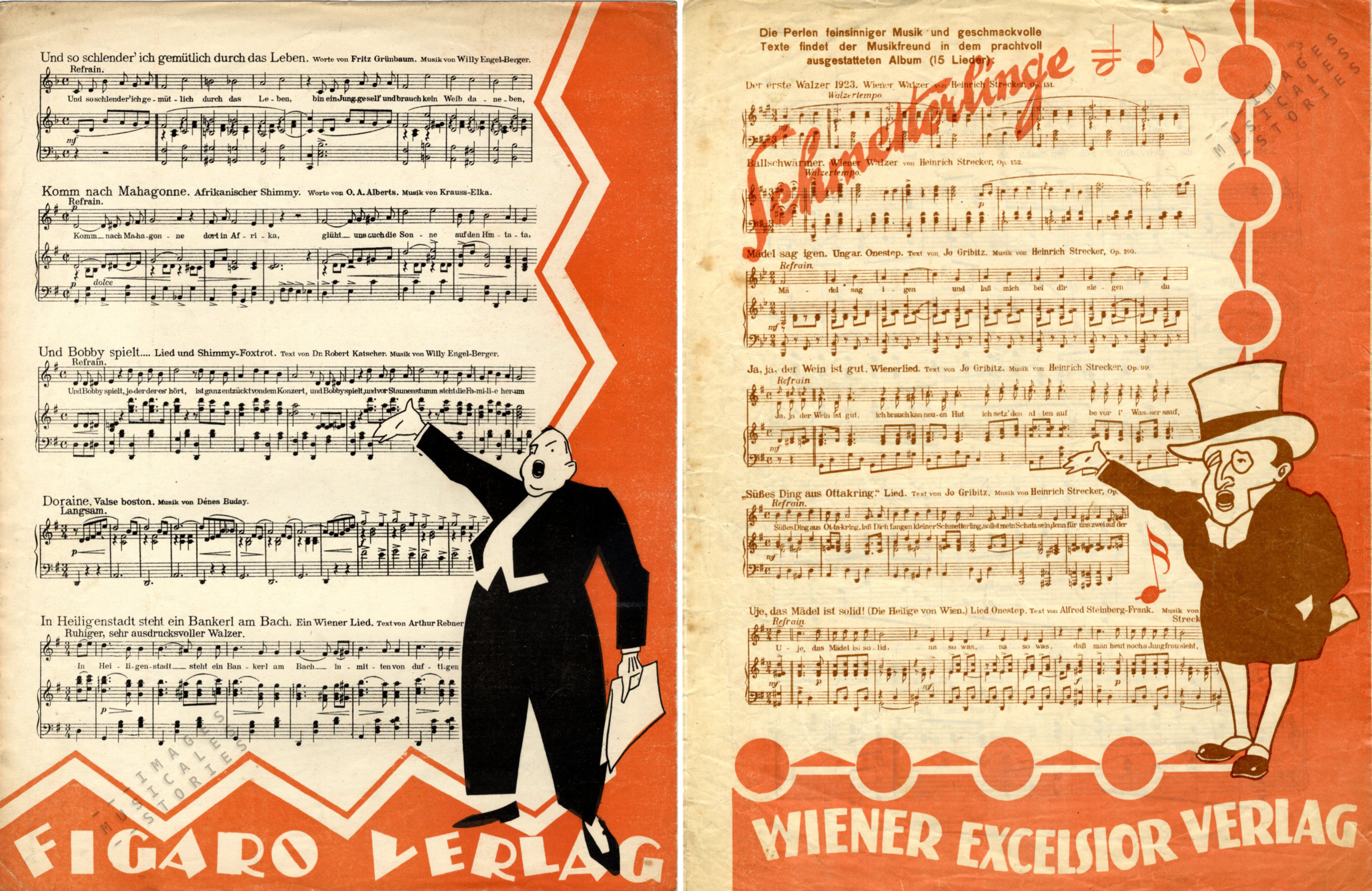 Two very similar back covers using a stage announcer (or singer?). Figaro Verlag on the left, and Wiener Excelsior Verlag on the right (both unsigned, s.d.) 