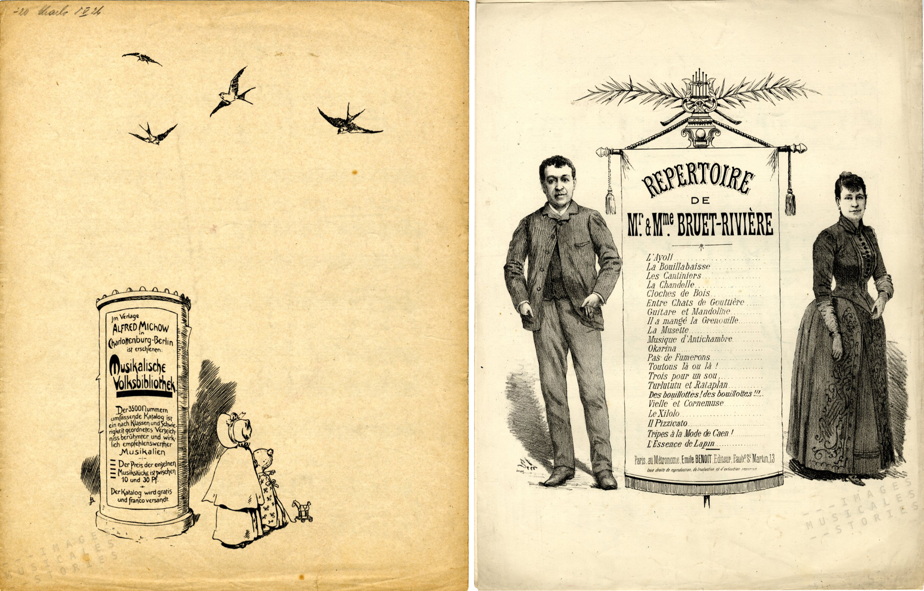 Late 19th-century illustrated catalogs from Musikalische Volksbibliothek (Berlin) and from Emile Benoit (Paris)