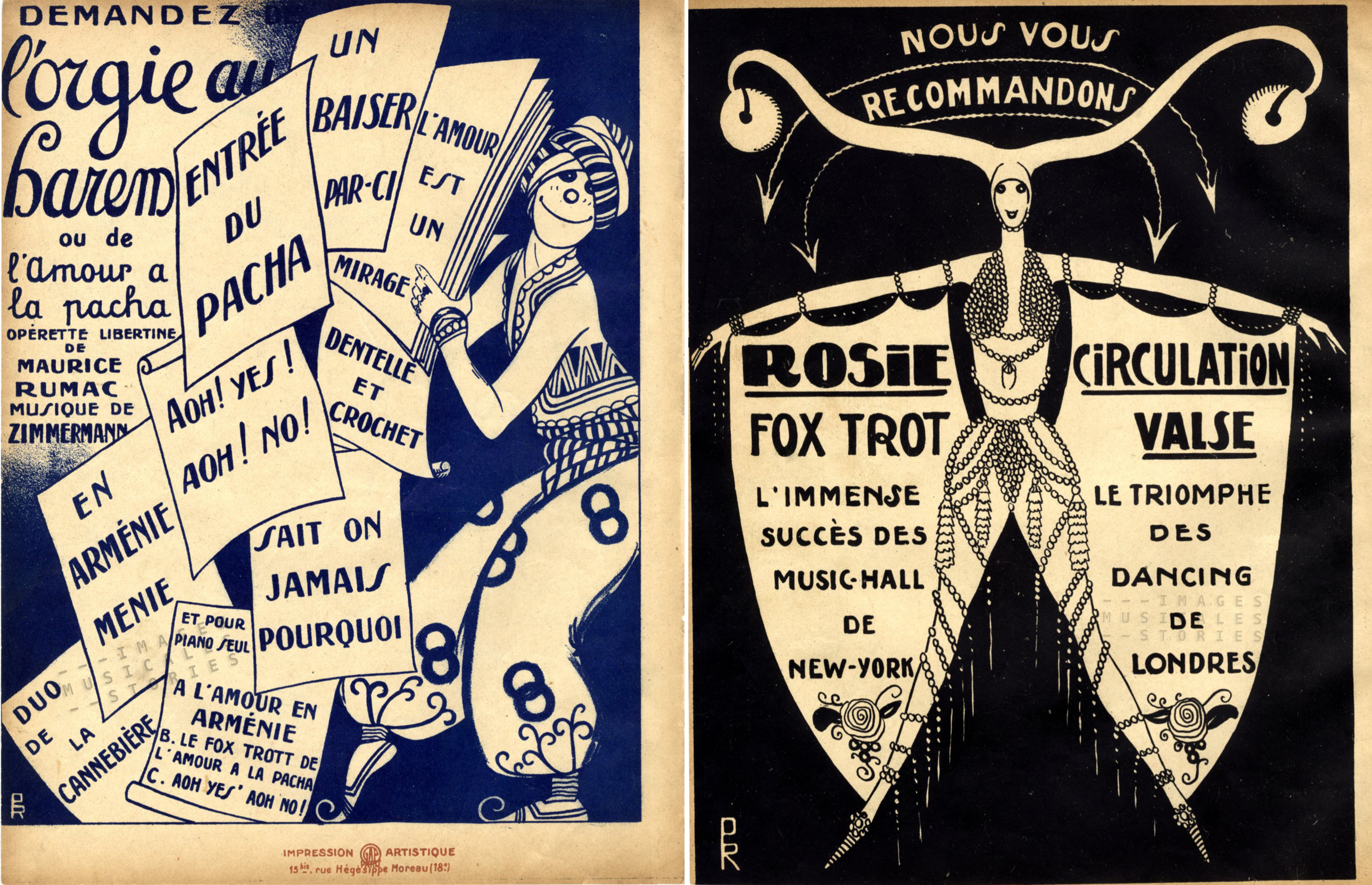 Two back covers illustrated by cartoonist Pol Rab, for publishers Pêle-Mêle (left) and Maillochon (right).