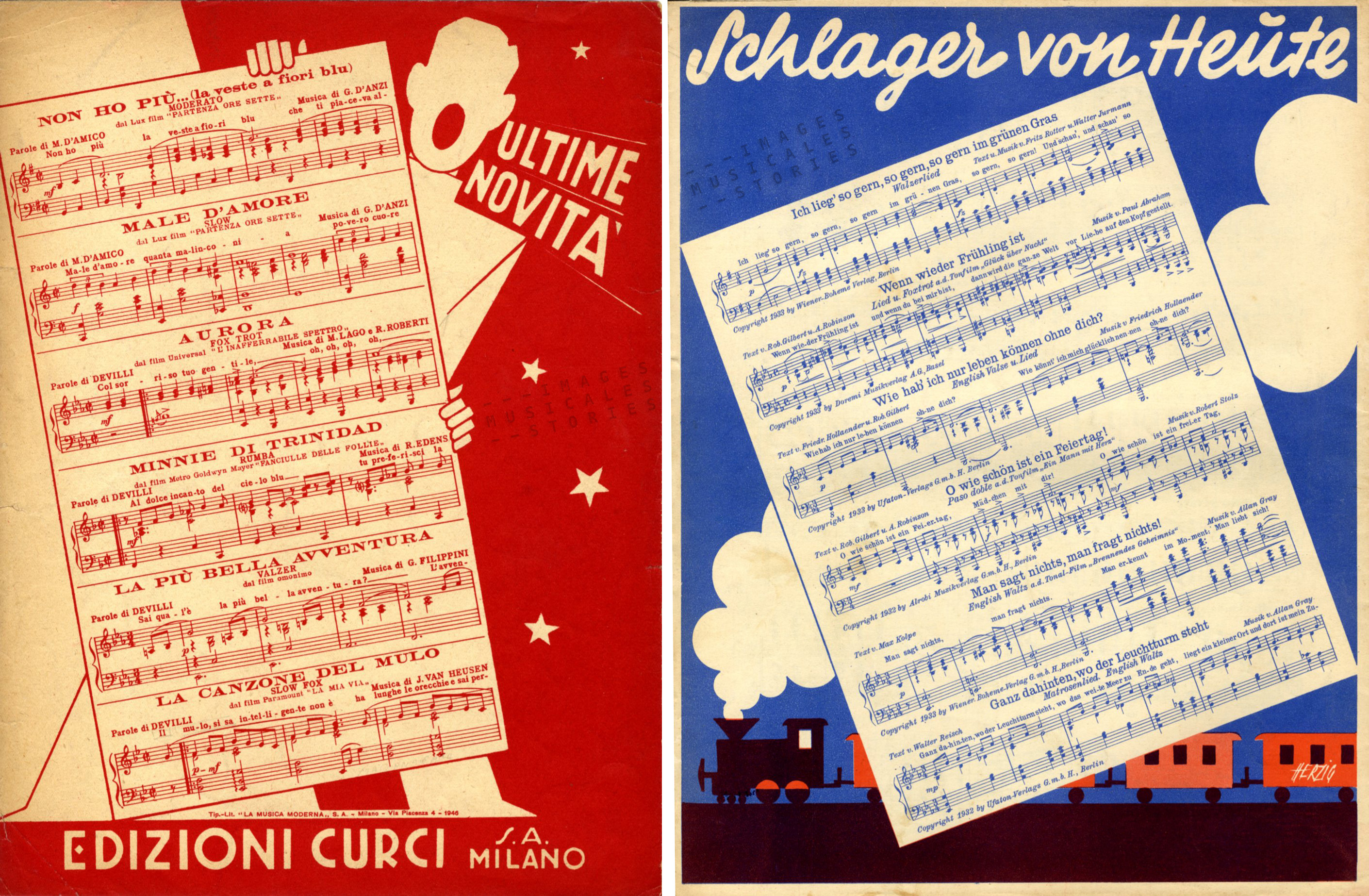 Two similar announcements on the back covers of Edizioni Curci (on the left, unknown illustrator) and UFATON Verlag (right, illustrated by Herzig, s.d.).
