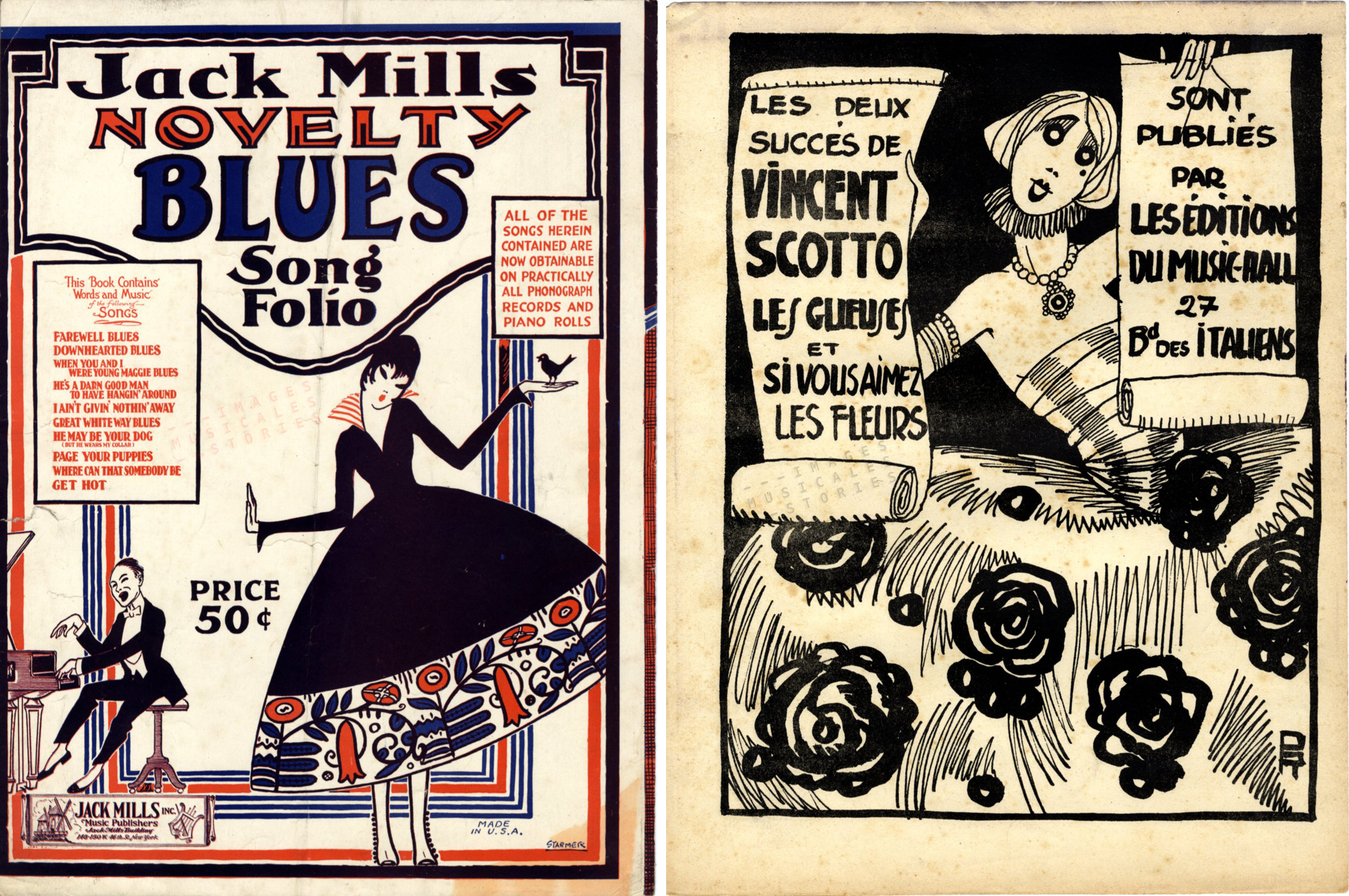 On both these back covers women in festive dress are charming us in viewing the music catalogs of publishers Jack Mills (left, illustrated by the Starmer brothers) and Les Editions du Music-Hall (right, illustrated by Pol Rab)