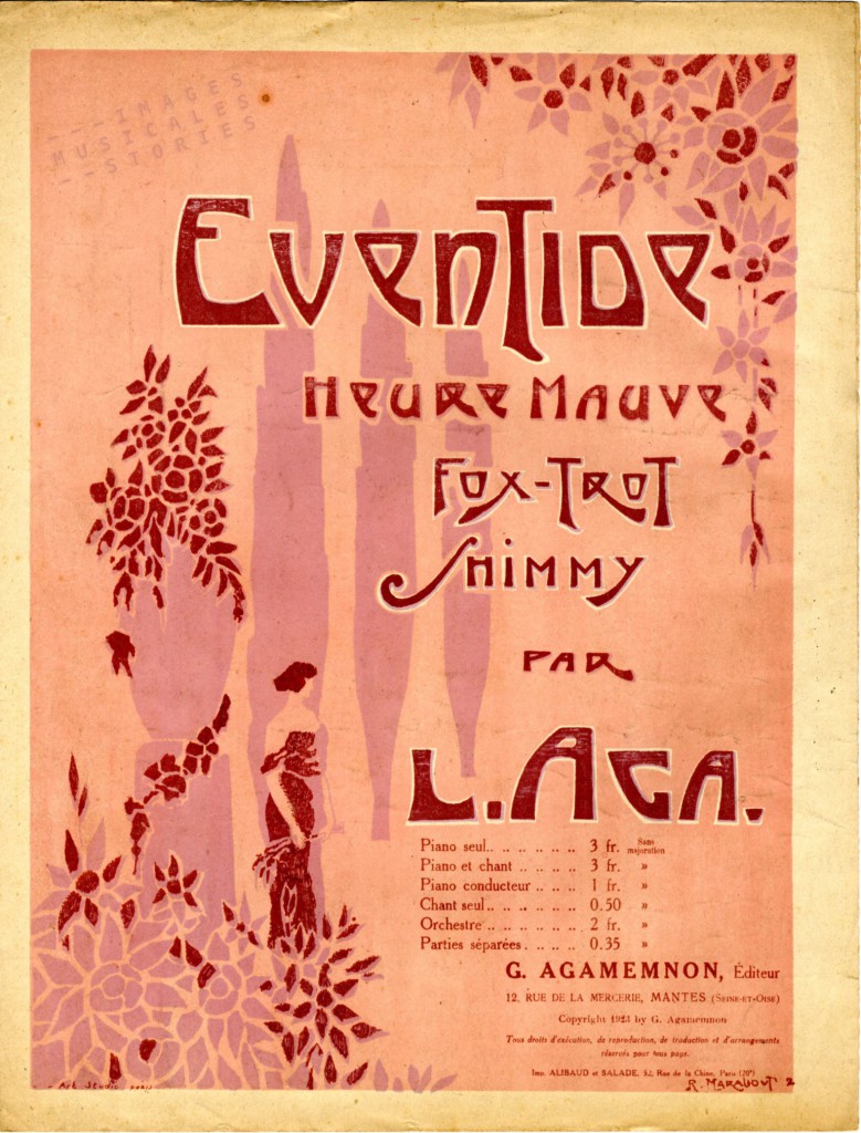 Sheet Music cover for Eventide - l'Heure Mauve', a fox-trot shimmy by L. Aga,