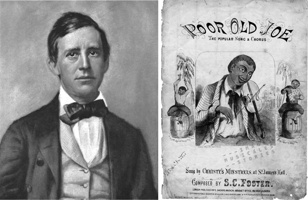 Portrait of Stephen Collins Foster, with a cover of the 'PoorOld Joe' sheet music (www.imagesmusicales.be)