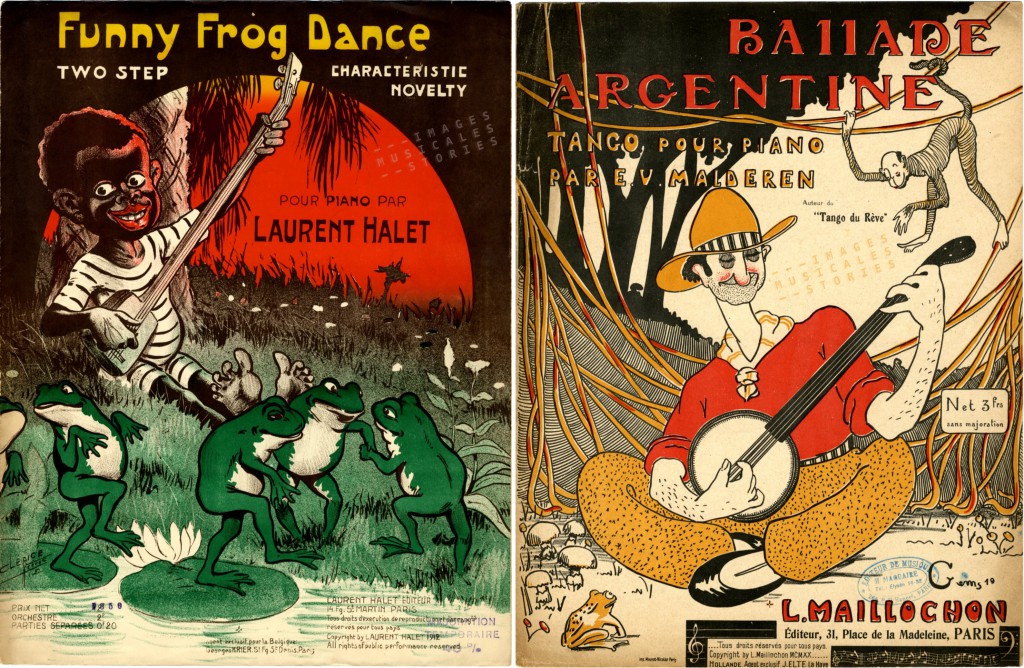Two sheet music covers of banjo players (www.imagesmusicales.be)