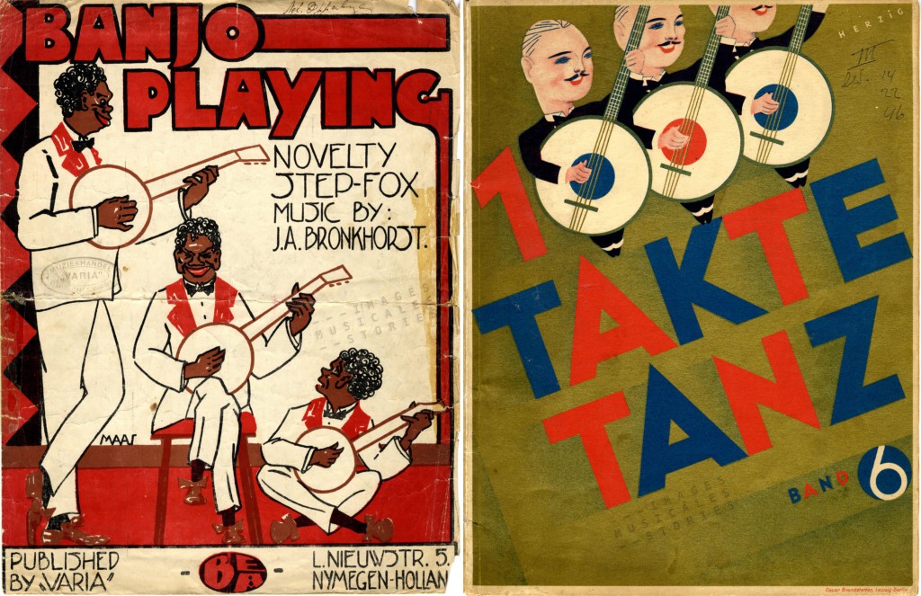 Trios of banjo players. Two sheet music covers illustrated by Maas and Herzig.