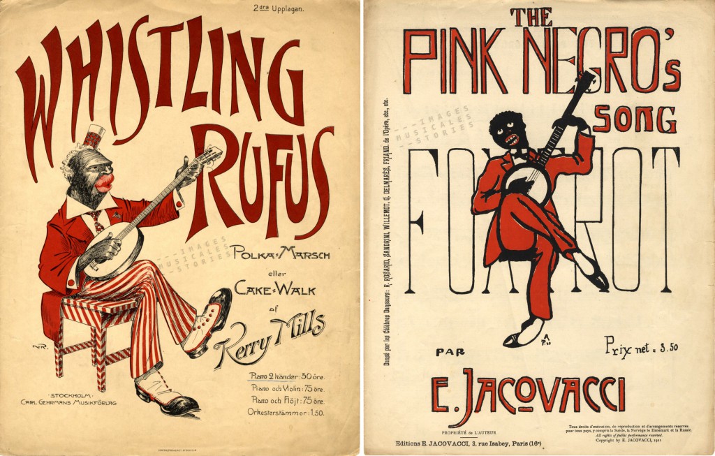 Two sheet music covers with sitting banjo players 