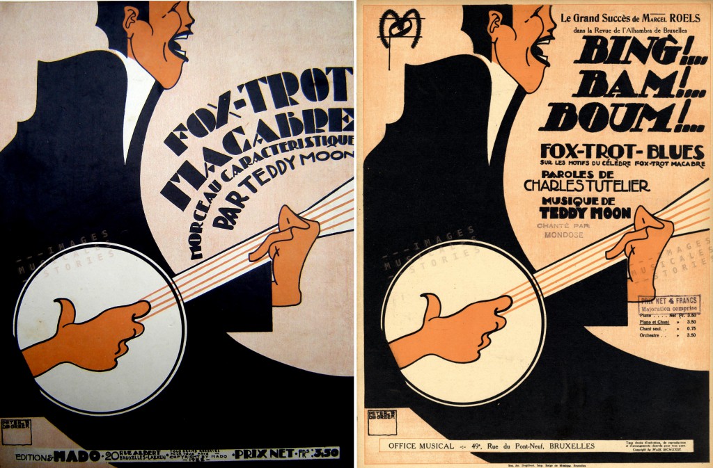 Two sheet music covers of banjo players, illustrated by Peter De Greef.
