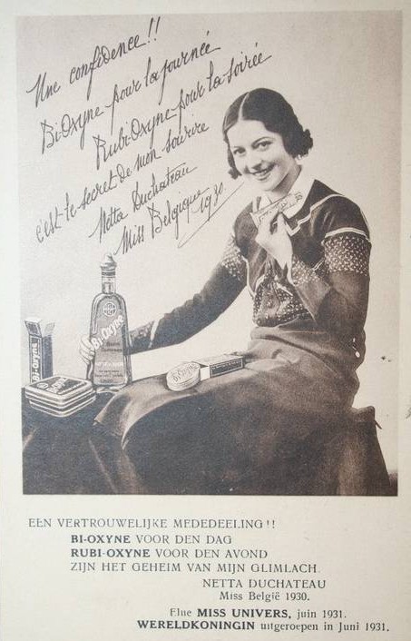 Netta Duchateau praising toothpaste and mouthwash in an advertisement for Bi-oxyne and Rubi-oxyne