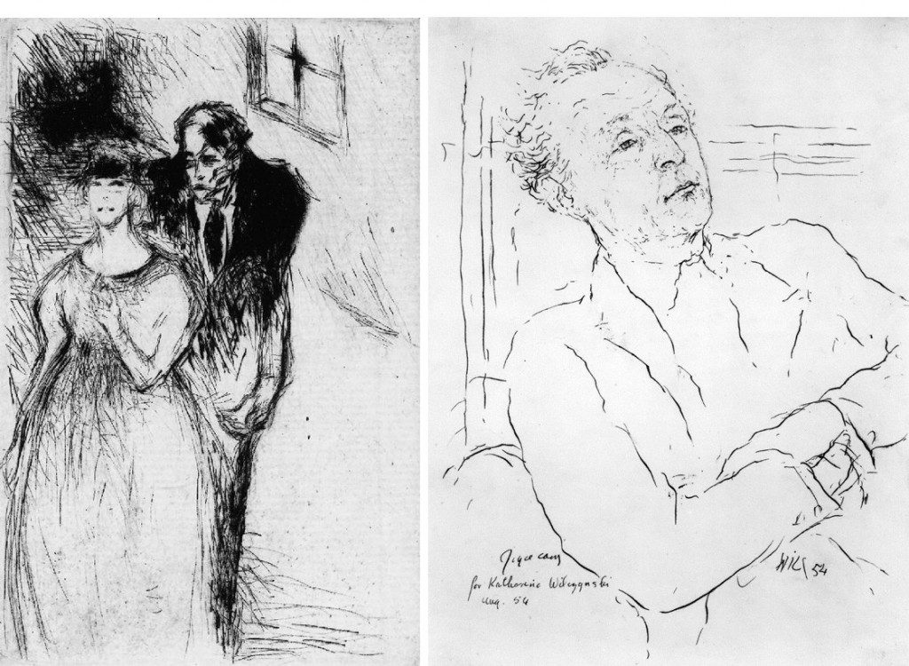 Left: illustration for 'Kyrie Eleison' by Waldemar Bonsels (1922). Right: portrait of Joyce Cary by Katerina Wilczynski, pen and ink, 1954 (National Portrait Gallery, London, 4822).