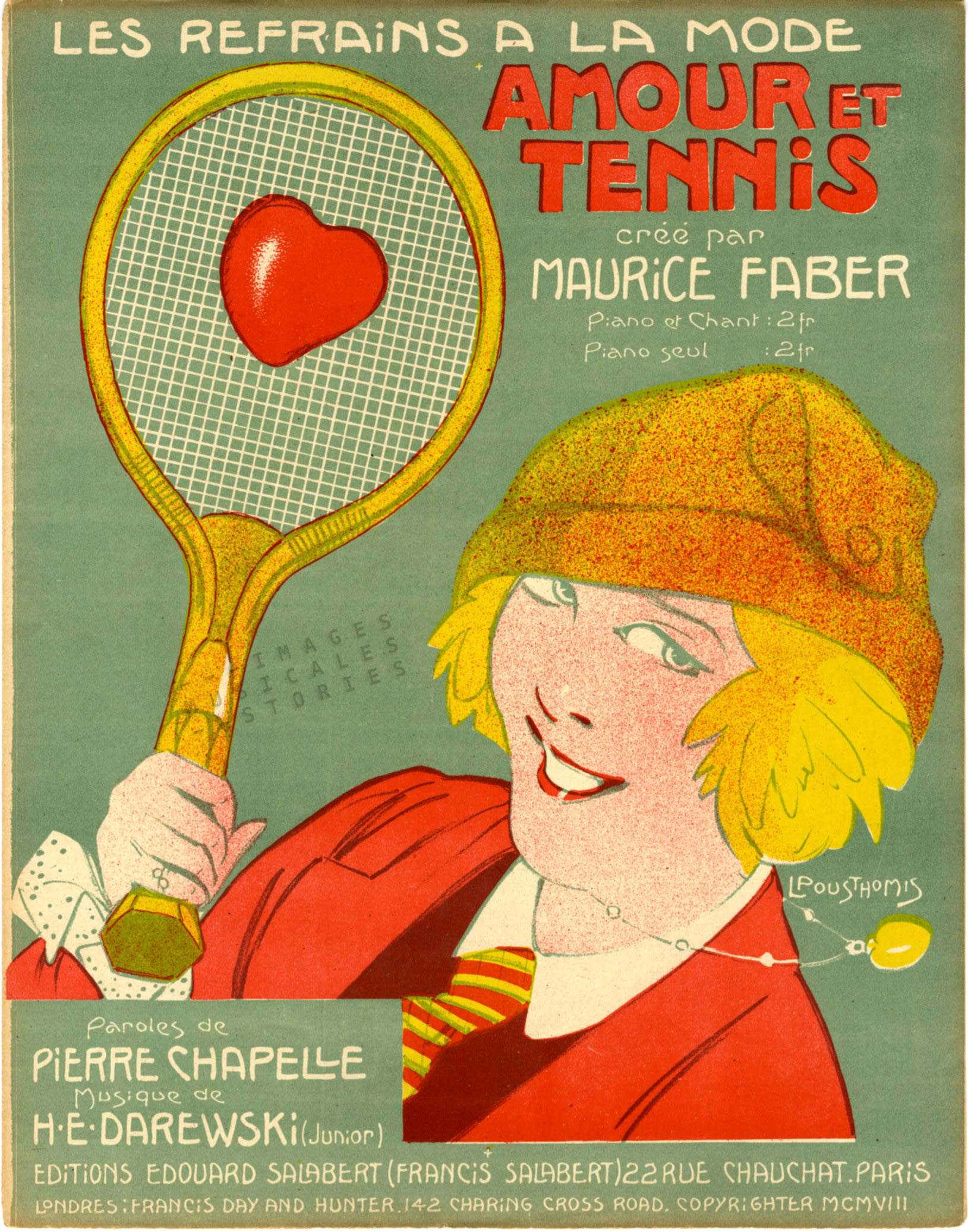 'Amour et Tennis' sheet music cover illustrated by Pousthomis
