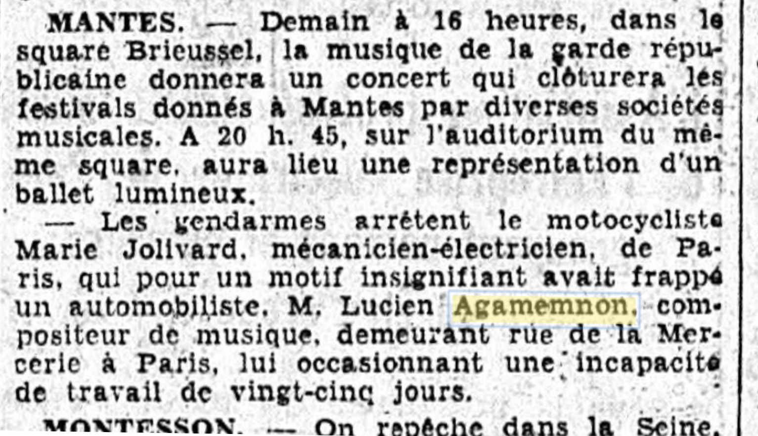 Lucien Agamemnon being victim of road rage (Le Matin, 18-09-1937).