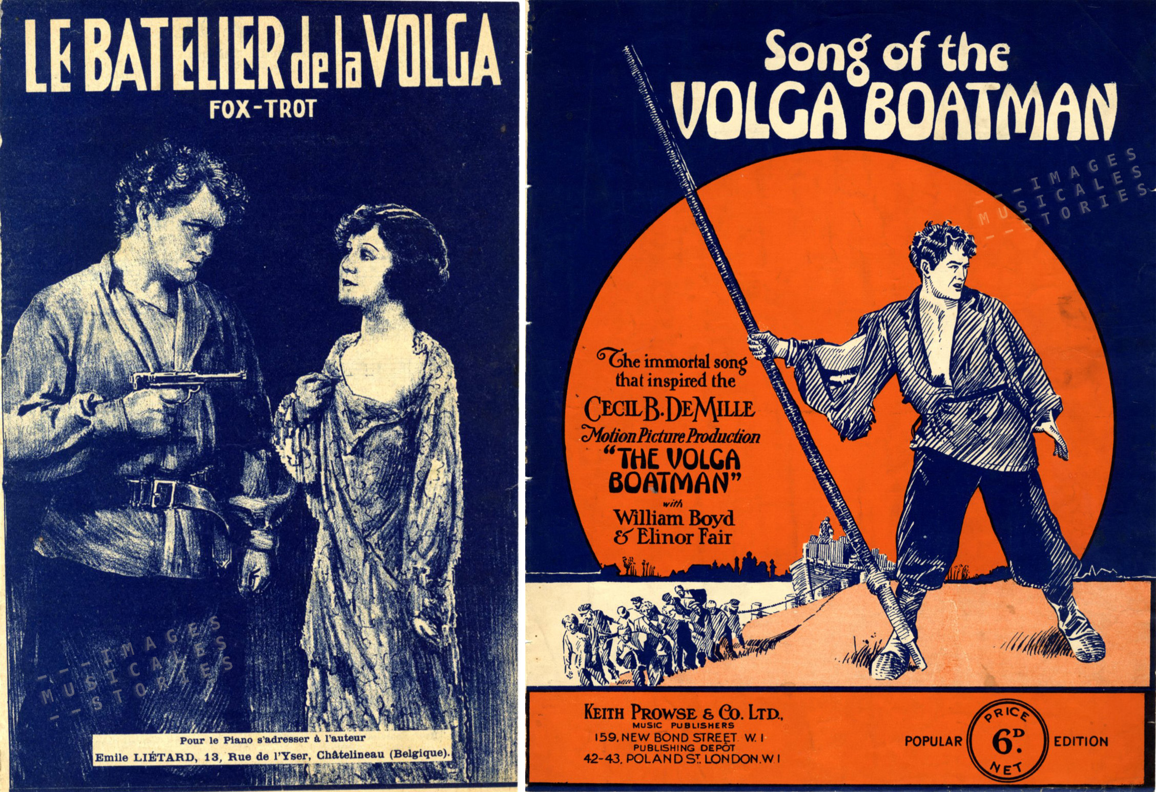 Two sheet music covers. Left: 'Le Batelier de la Volga' by Emile Liétard (Châtelineau, s.d.), unknown illustrator. Right: 'Song of the Volga Boatman' published by Keith, Prowse &amp; Co (London, s.d.), unknown illustrator.