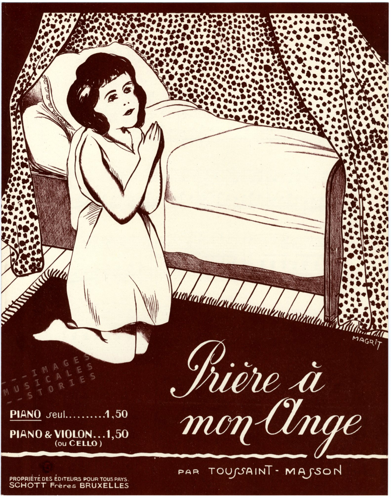Sheet music cover illustrated by RenÃ© Magritte: 'PriÃ¨re Ã  mon ante' by Toussain Masson (1924)