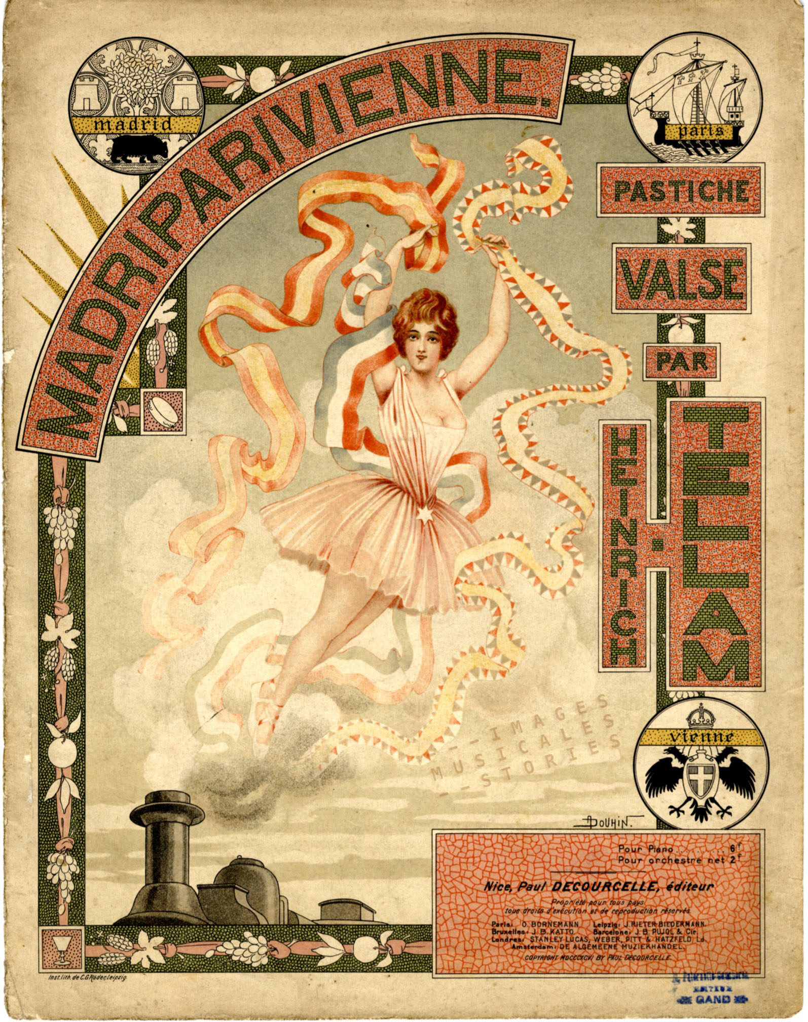 'MadriPariVienne' by H. Tellam. Sheet music cover illustrated by André Douhin (1896)