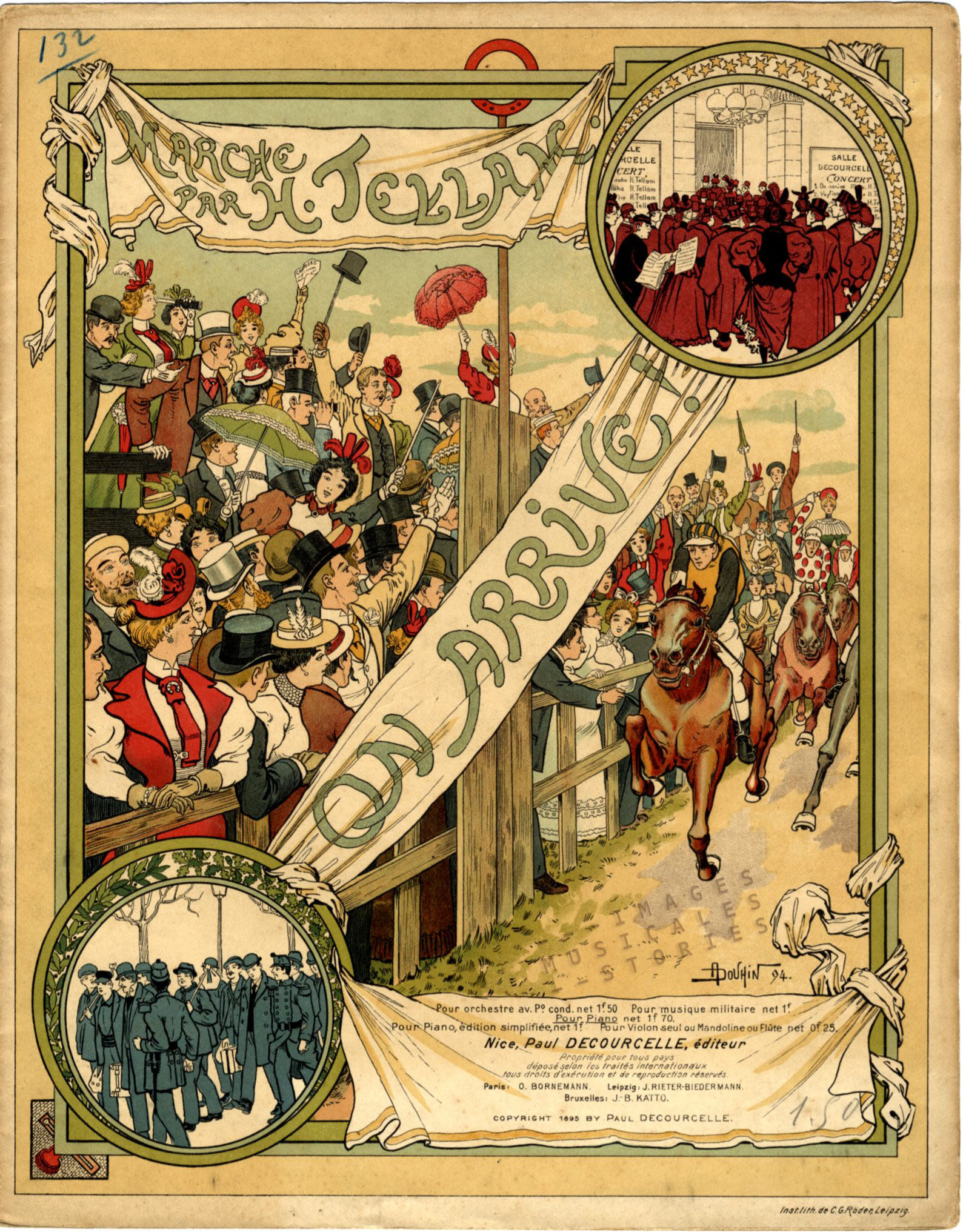'On arrive' by H. Tellam (1895). Sheet music illustrated by André Douhin.