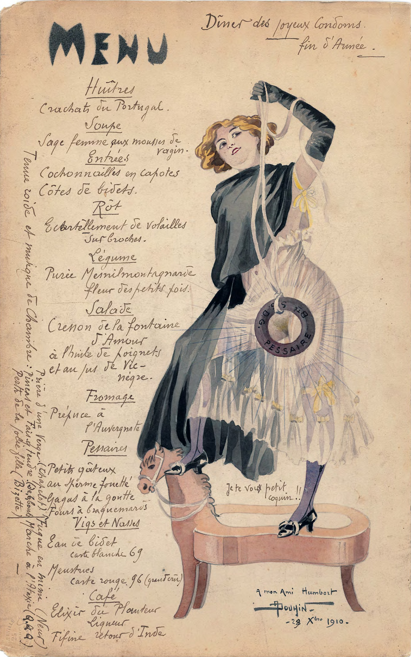 Menu drawn by André Douhin for the 'Dîner des joyeux Condoms', the New Year dinner of Eugène Humbert in 1911.