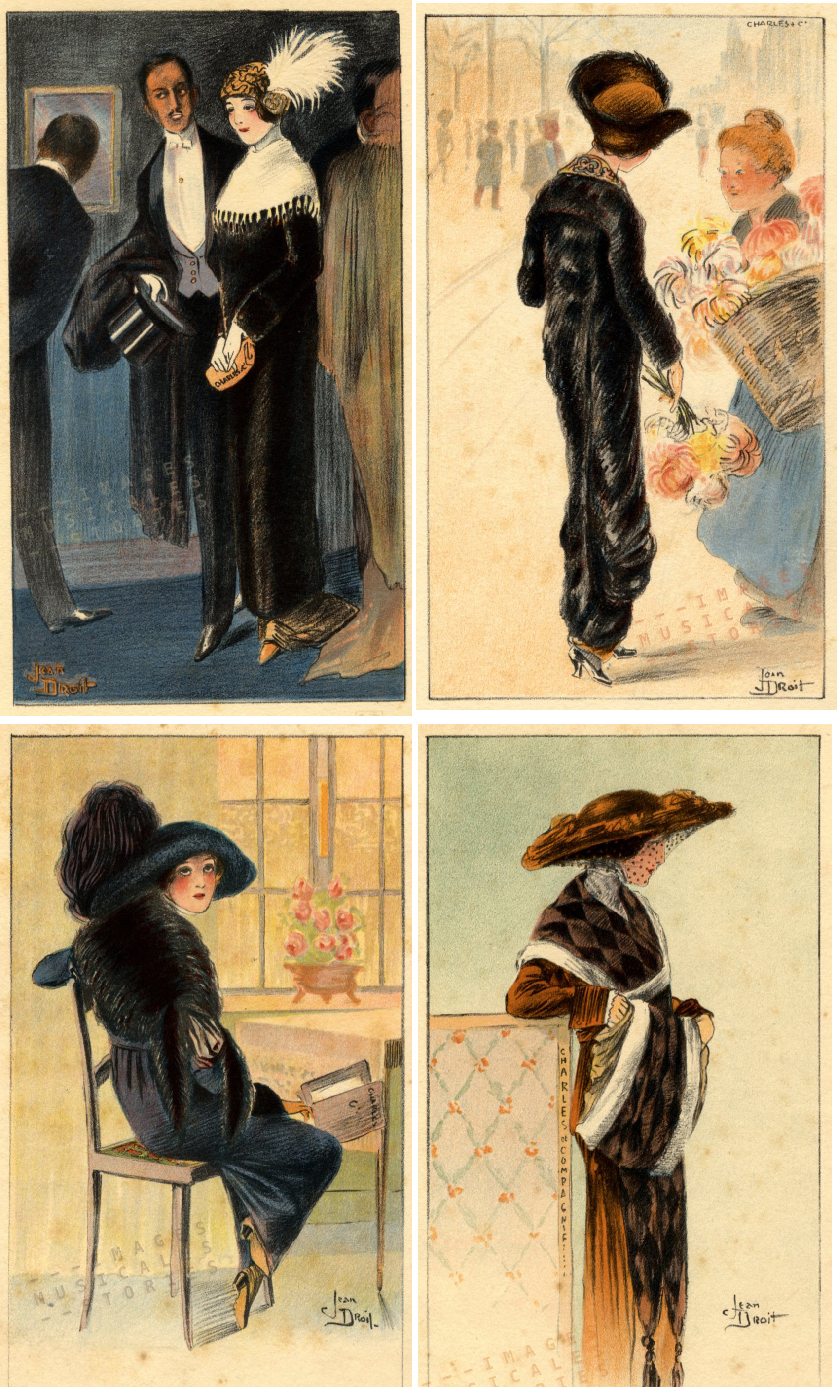 Four catalogue cards for Charles & Cie , illustrated by Jean Droit (Liège, s.d.)