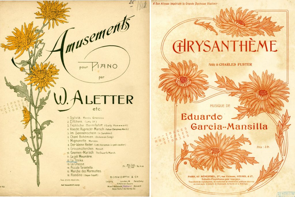 Sheetmusic covers of chrysanthemums (partitions musicales chrysanthèmes)
