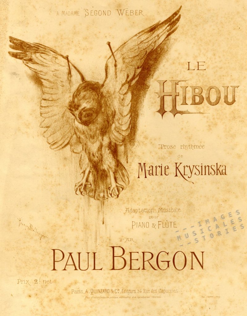 Cover for the sheet music 'Le Hibou' by Paul Bergon & Marie Krysinska, published by A. Quinzard (Paris, 1897) and illustrated by Georges Bellenger.
