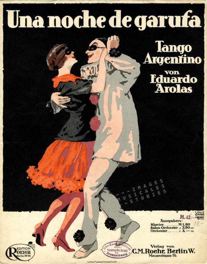 'Una noche de garufa', a tango by Eduardo Arolas. Published by C. M. Roehr (Berlin, s.d.) and illustrated by Louis Oppenheim.