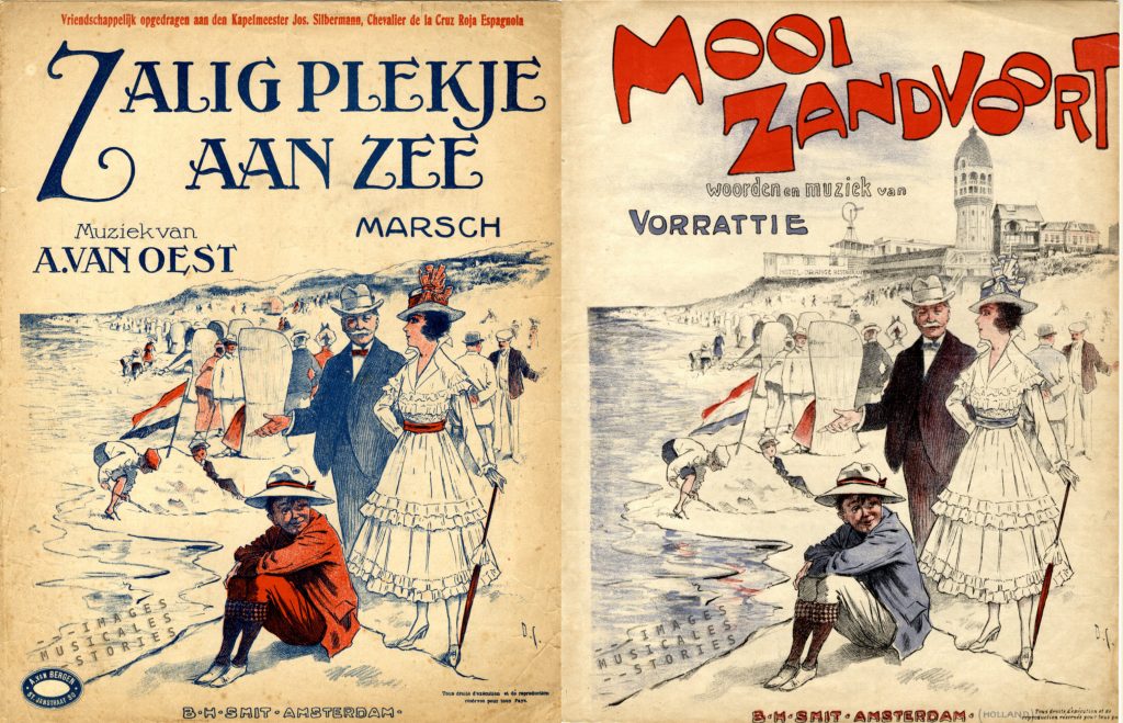 Two almost identical covers published by 'Zalig plekje aan zee' composed by A. Van Oest (LEFT) and 'Mooi Zandvoort' by Vorrattie. Both publishe by B H Smit (Amsterdam)