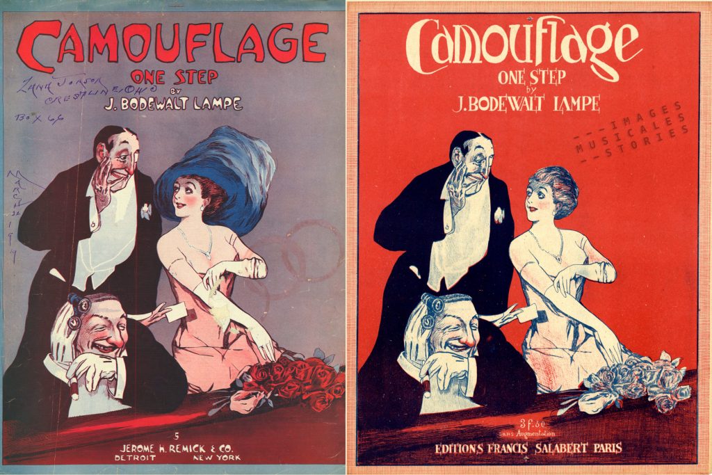 Two striking versions of 'Camouflage' sheet music illustration