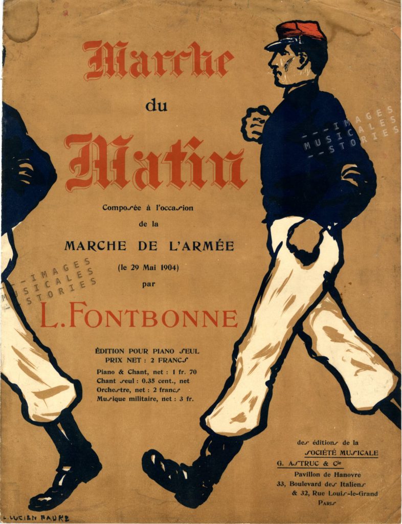 Sheet miusic cover for 'Marche du Matin' by Léon Fontbonne. Illustration by Lucien Faure-Dujarric