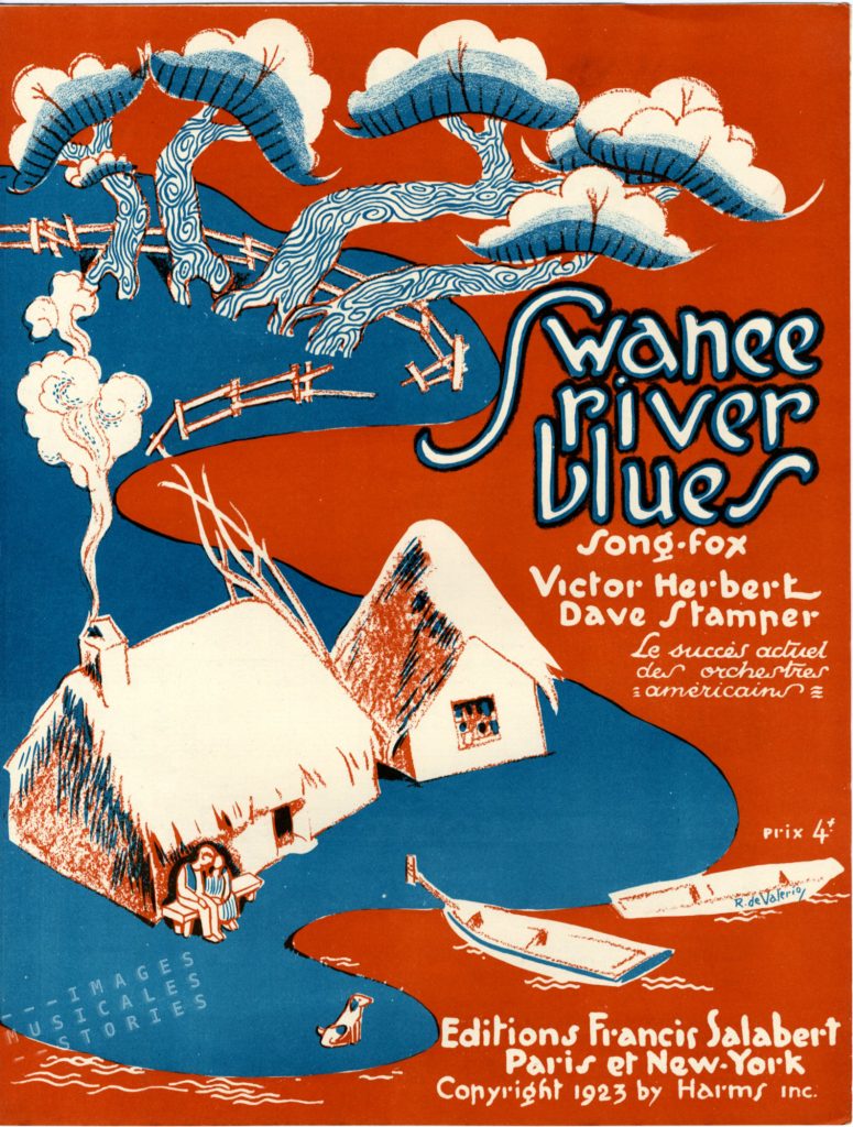 Illustrated sheet music 'Swanee River Blues' by Dave Stamper. Published by Editions Francis Salabert (Paris, 1923) and illustrated by Roger De Valerio.
