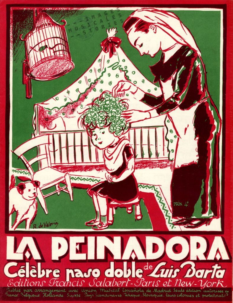Sheet musi cover for 'La peinadora' paso doble by Luis Barta, published by Editions Francis Salabert (Paris, 1916), illustrated by Roger de Valerio.