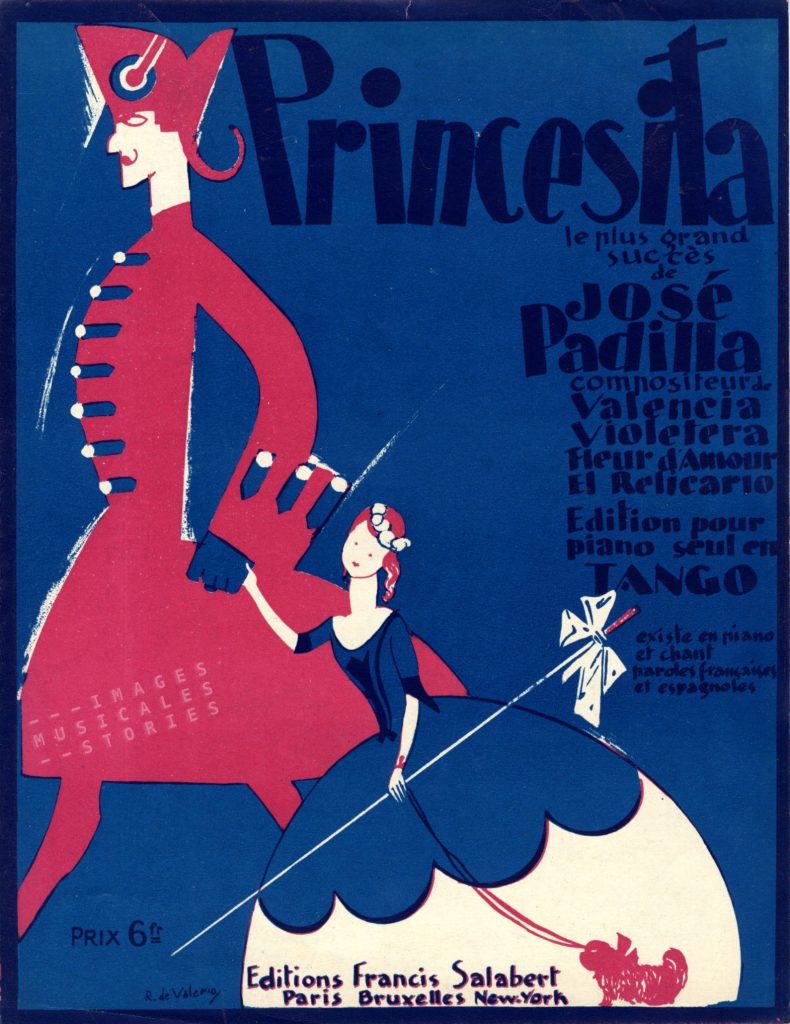 Sheet music cover 'Princesita' composed by José Padilla and published by Editions Francis Salbert (Paris, 1926). Cover illustration by Roger De Valerio.