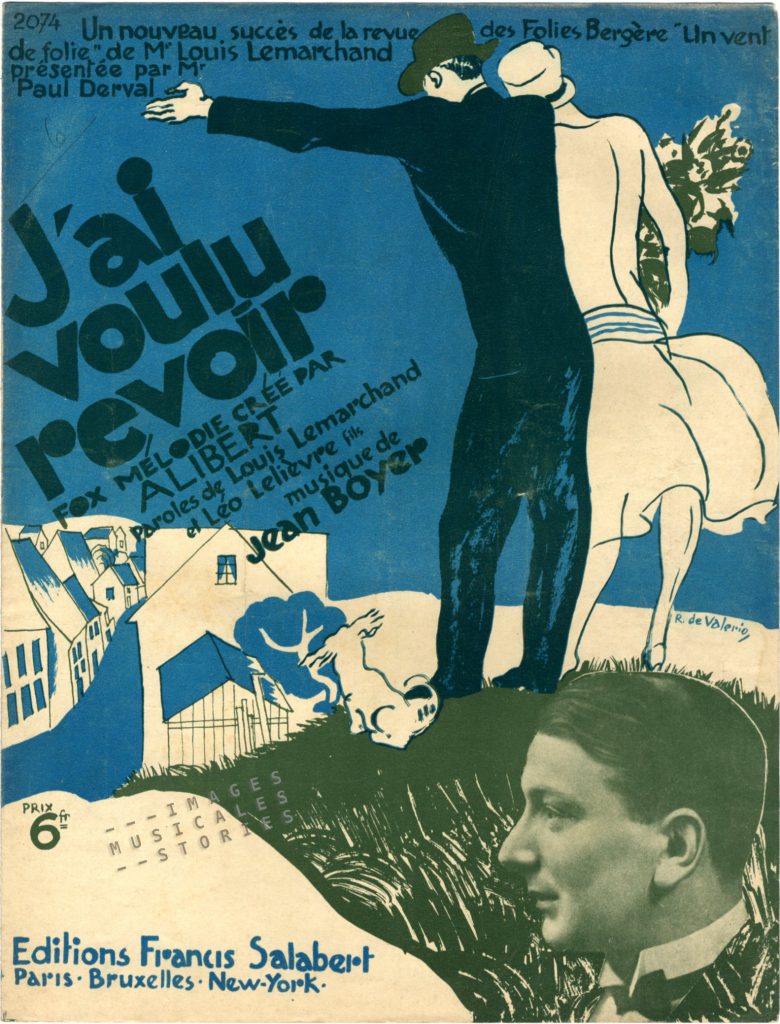 Sheet music 'J'ai voulu revoir' by Jean Boyer, Louis Lemarchand, and Léo Lelièvre. Editions Francis Salbert (Paris, 1927). Cover illustration: Roger De Valerio.