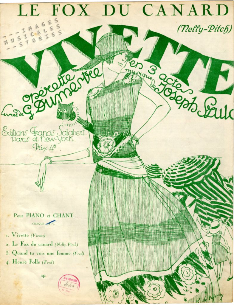 Partition musicale illustrée 'Le Fox du canard' from the operette Vivette, by Joseph Szulc and Gaston Dumestre. Published by Editions Francis Salabert (Paris, 1924) and illustrated by Roger De Valerio.