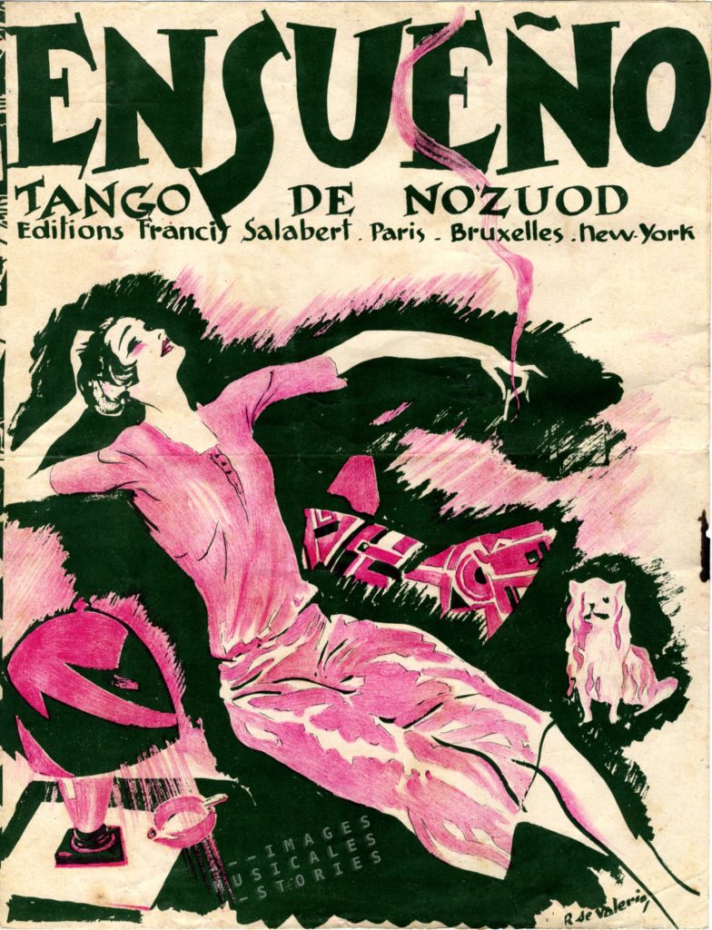 Cover of sheet music 'Ensueno' tango by Nozuod. Published by Editions Francis Salabert (Paris, 1926) and illustrated by Roger de Valerio.