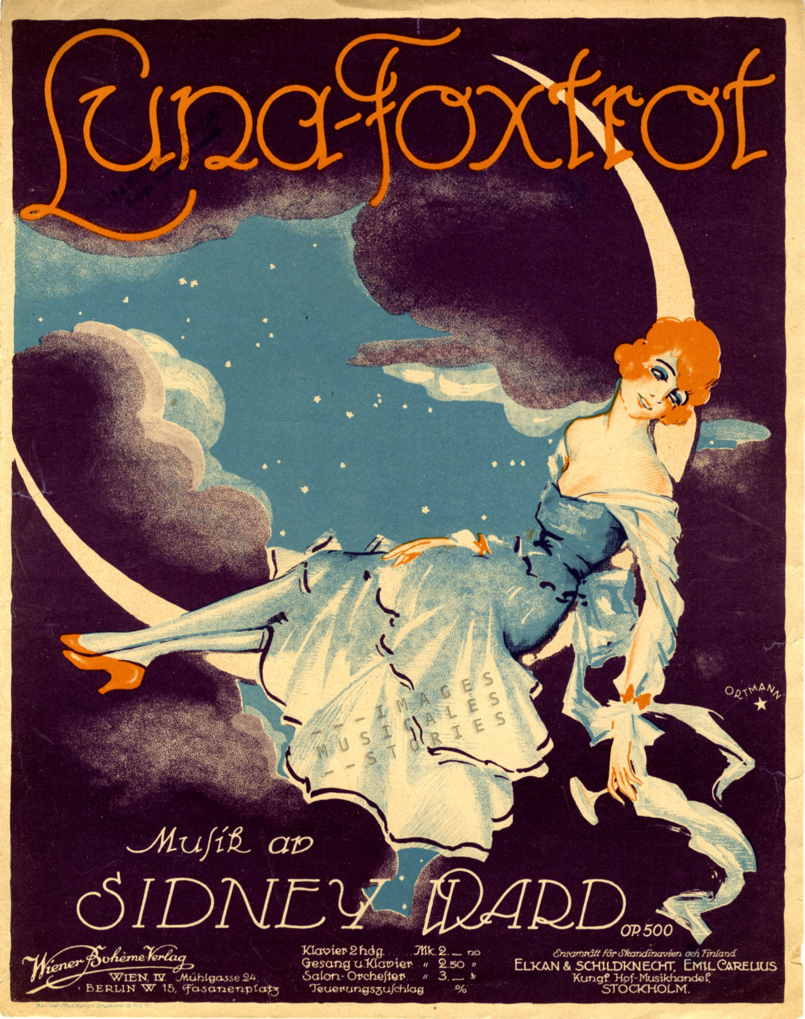 Sheet music cover of 'Luna-Foxtrot' by Sydney Ward (Siegwart Ehrlich). Published by Elkan & Schildknecht, Emil Carelius (Stockholm, 1920) and illustrated by Wolfgang Ortmann